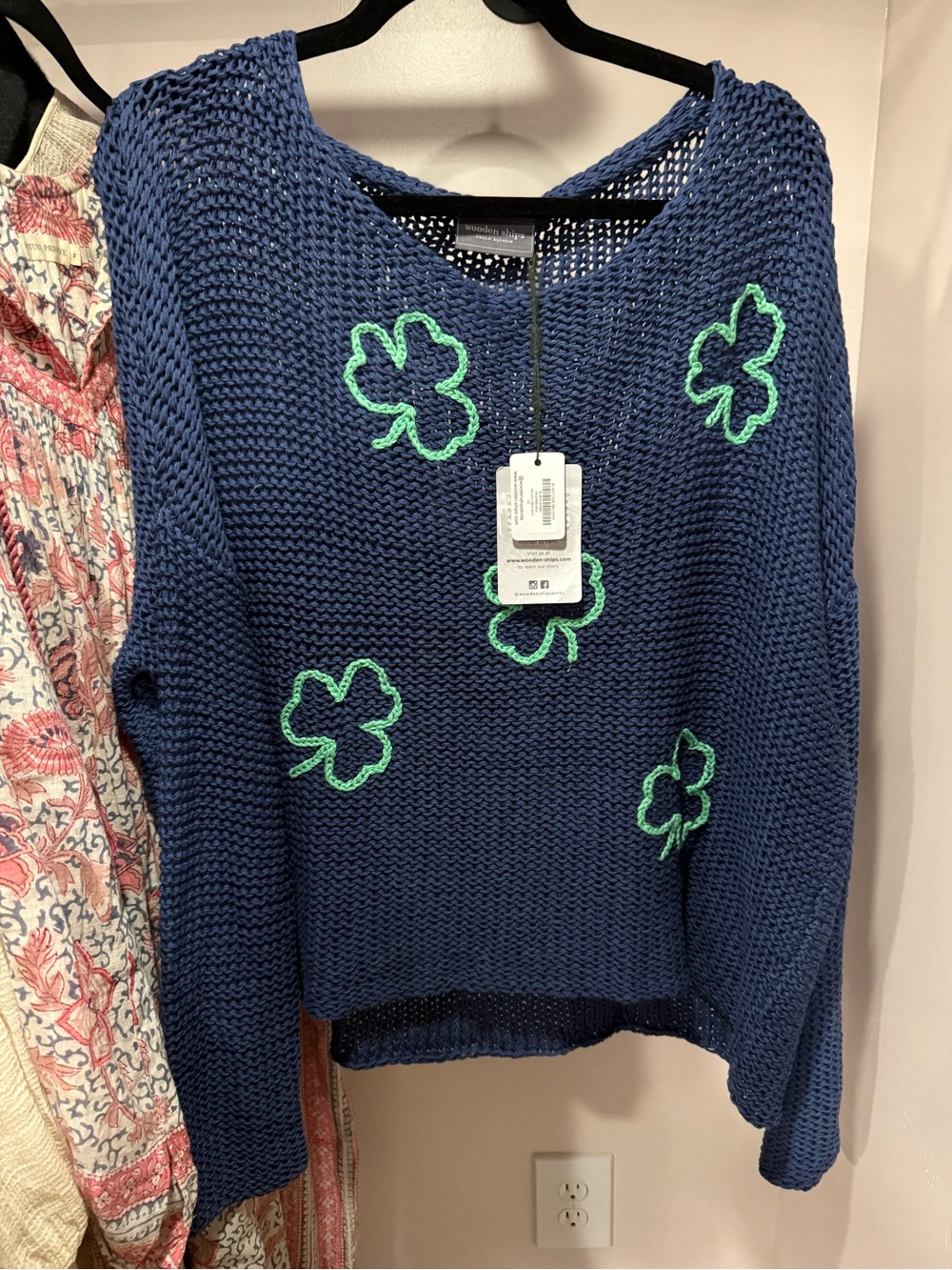 Wooden Ships Navy Open-Knit Sweater with Green Clover Accents